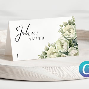 Modelo de cartão de nome de casamento floral verde sábio para canva, cartão de nome imprimível, modelo de cartão de nome elegante, cartão de nome editável