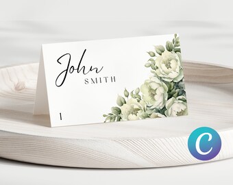 Sage Green Floral Wedding Name Card Template for Canva, Printable Name Card, Elegant Name Card Template, Editable Name Card
