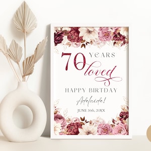 70. Geburtstag Willkommensschild Vorlage für Mutter Oma, Pink Burgundy Floral 70 Jahre geliebt Platinum Jubiläums-Geburtstagsfeier Poster BP0056
