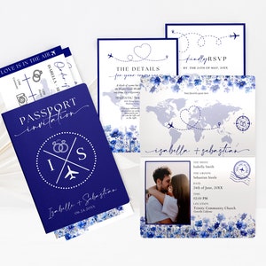 Modèle sur toile d'invitation de passeport bleu royal avec carte d'embarquement et réservez la date, lot de faire-part de mariage à destination sur le thème du voyage WP0032