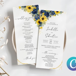 Puede incluir: Programa de ceremonia de boda con un diseño floral de girasol y azul. El programa incluye al oficiante, el padre de la novia, el padre del novio, la dama de honor, las damas de honor, el padrino, los padrinos, la niña de las flores y el portador de anillos, los padrinos y el orden de la ceremonia. El programa también incluye la fecha, la hora y el lugar de la boda. El texto "wedding party" está escrito en cursiva en la parte superior del programa.