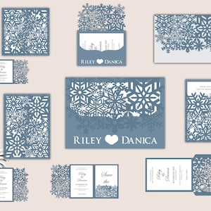 Personalisiertes Monogramm Schneeflocken HochzeitSeinladung Quinceañera Laser Cut Template Set Suite -SVG Silhouette Cameo Cricut 015