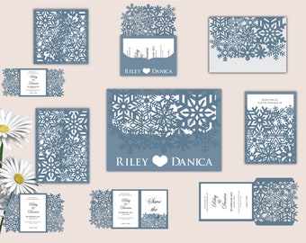 Custom Monogram Snowflakes Wedding Invitation Quinceañera Laser Cut Template Set Suite -SVG Silhouette Cameo Cricut 015