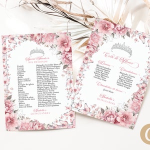 May include: Two printable cards with a floral design and text in Spanish. The first card lists "Special Thanks to My Godparents" and includes a list of names. The second card lists "Court of Honour" and includes a list of names for "Maid of Honour", "Chambelanes", and "Chambelan of Honour".