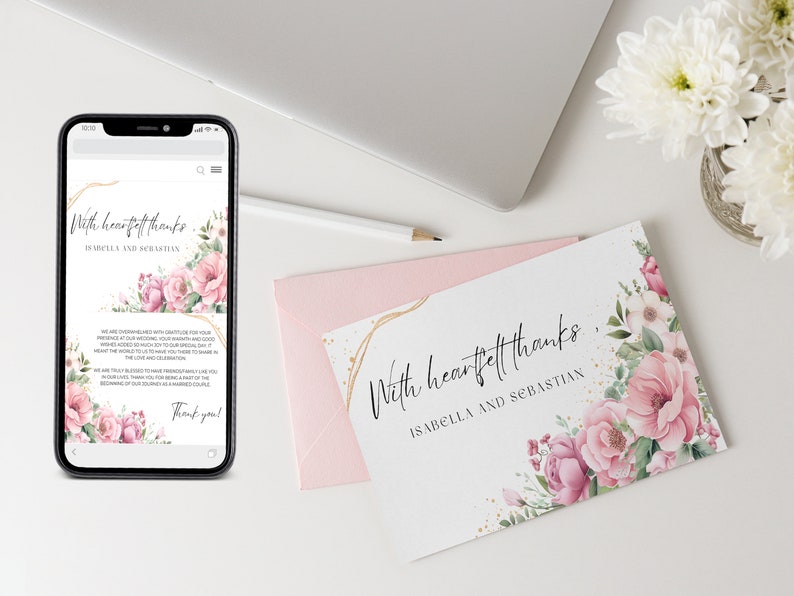 Editable Powder Pink Wedding Thank You Card Template, Dusty Pink Floral ...