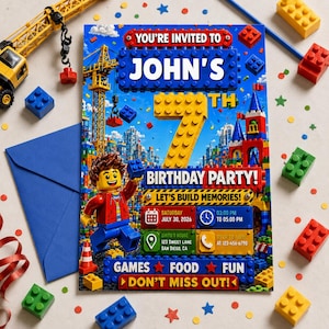 Invito per il 7° compleanno a tema mattoncini, festa di compleanno con mattoncini, invito a tema mattoncini, maestro costruttore, invito di compleanno per bambino, modello Canva