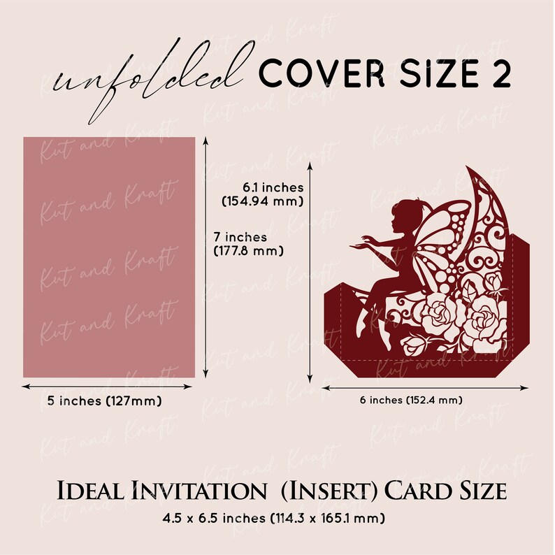 May include: A red and white paper cut design of a fairy sitting on a flower with wings spread out. The design is for a 6.1 inch by 7 inch cover for a 4.5 inch by 6.5 inch invitation card.