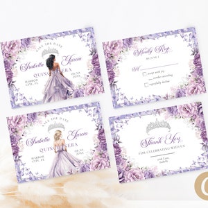 Lilás Prata Floral Borboleta Princesa Quinceanera Salvar o Modelo de Canva de Convite de Data, Lilac Quince Convite RSVP Cartão de Agradecimento QB0034