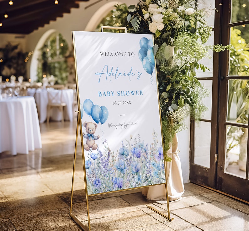 Editable Blue Teddy Bear Baby Shower Welcome Sign Canva Template for ...