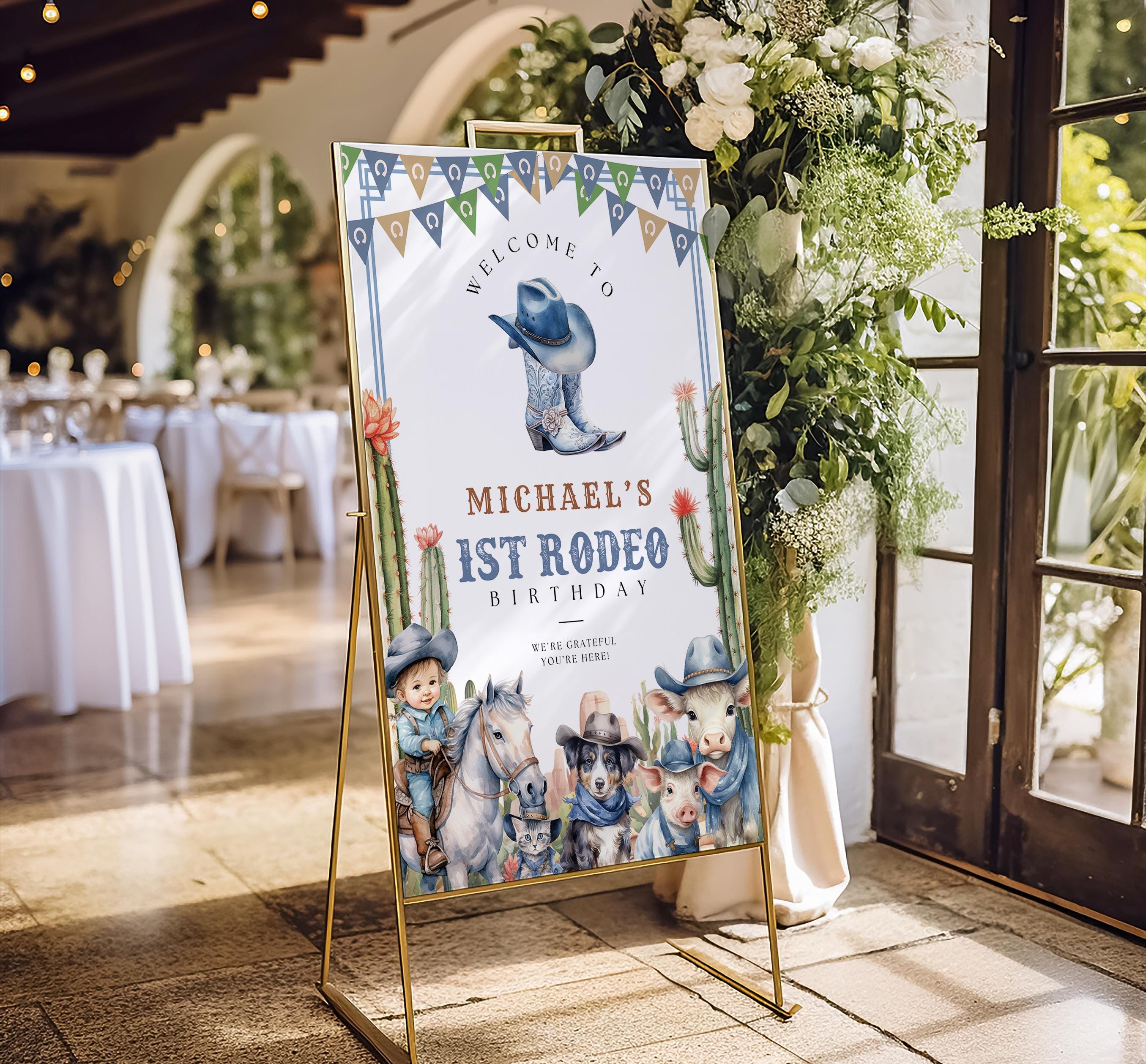 My First Rodeo Theme Sign Editable My First Blue Rodeo Birthday Welcome Sign Canva Template, Blue ...