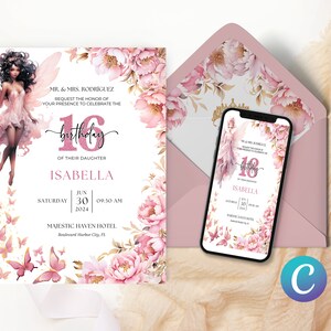 Faire-part thème floral rose poudré, modèle d'anniversaire fée papillon, invitation magique fille rose, élégant fantaisiste enchanteur imprimable