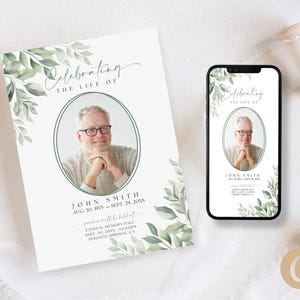 Puede incluir: Una tarjeta conmemorativa verde y blanca con una foto de un hombre y el texto "Celebrating the Life of John Smith Aug. 30, 1979 - Sept. 29, 20XX You are well be held at Eternal Memory Hall Sept. 30, 20XX, 14:00 Serenity Springs, CA"