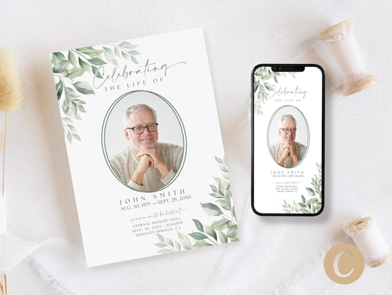 Editable Green Greenery Funeral Announcement Invitation for Man Dad Canva Template Simple Celebration of Life Memorial Service Invite FS0002