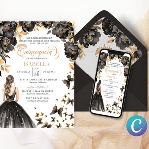 Butterfly Princess Floral Quinceanera Invitation Black Template for Quinceanera, Quince Invitation Digital, Princess Black Floral Invitation