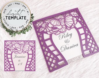 5X5 Western Horseshoe Floral Laser Cut Invitation Template for Wedding, Quinceanera, Birthday, Sweet 16 Svg, AI Eps, Dxf, Silhouette, Cricut