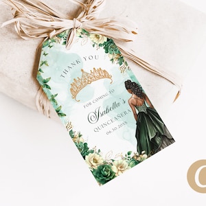 EDITABLE Emerald Green Gold Floral Butterfly Princess Quinceanera Thank You For Coming Tag Canva Template, Quince Gift Party Favor QB0030
