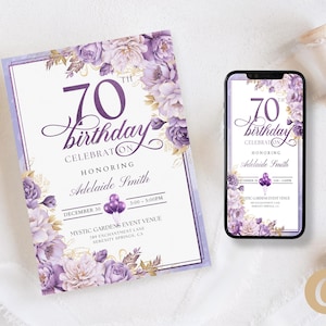 Puede incluir: Invitación de cumpleaños floral de color morado y dorado con el texto "70 cumpleaños" y "En honor a Adelaide Smith". La invitación incluye la fecha, la hora y el lugar del evento.