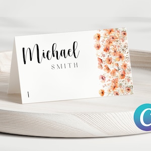 Modèle de toile de marque-places aquarelle de fleurs sauvages des prés pêche duveteux, élégant minimaliste modifiable imprimable personnalisé mariage carte de visite à télécharger