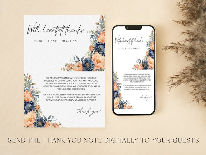 Editable Peach Fuzz & Navy Blue Floral Wedding Thank You Card Template ...