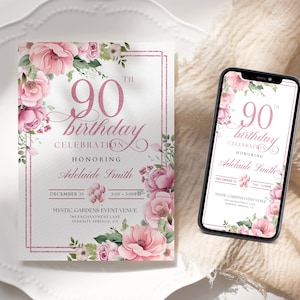Peut inclure: Une invitation de f&ecirc;te de 90e anniversaire avec un motif floral rose et blanc. L'invitation pr&eacute;sente un motif floral rose avec le texte "90e anniversaire de f&ecirc;te" et "en l'honneur d'Adelaide Smith". L'invitation comprend &eacute;galement la date, l'heure et le lieu de l'&eacute;v&eacute;nement.