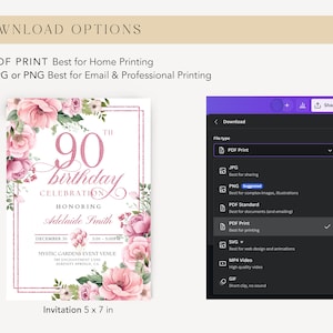 Peut inclure: Une invitation de 90e anniversaire florale rose et verte avec des accents de paillettes dor&eacute;es. L'invitation est pour la f&ecirc;te d'anniversaire d'Adelaide Smith le 30 d&eacute;cembre de 15h00 &agrave; 17h00 au Mystic Gardens Event Venue. L'invitation mesure 12,7 x 17,8 cm.