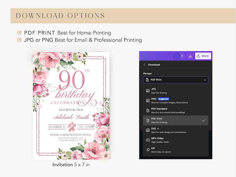 Peut inclure: Une invitation de 90e anniversaire florale rose et verte avec des accents de paillettes dor&eacute;es. L'invitation est pour la f&ecirc;te d'anniversaire d'Adelaide Smith le 30 d&eacute;cembre de 15h00 &agrave; 17h00 au Mystic Gardens Event Venue. L'invitation mesure 12,7 x 17,8 cm.