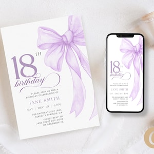 Faire-part 18e anniversaire noeud violet filles, 18 ans coquette lilas noeud RSVP téléchargement numérique pour elle lui modèle canva modifiable BP0107