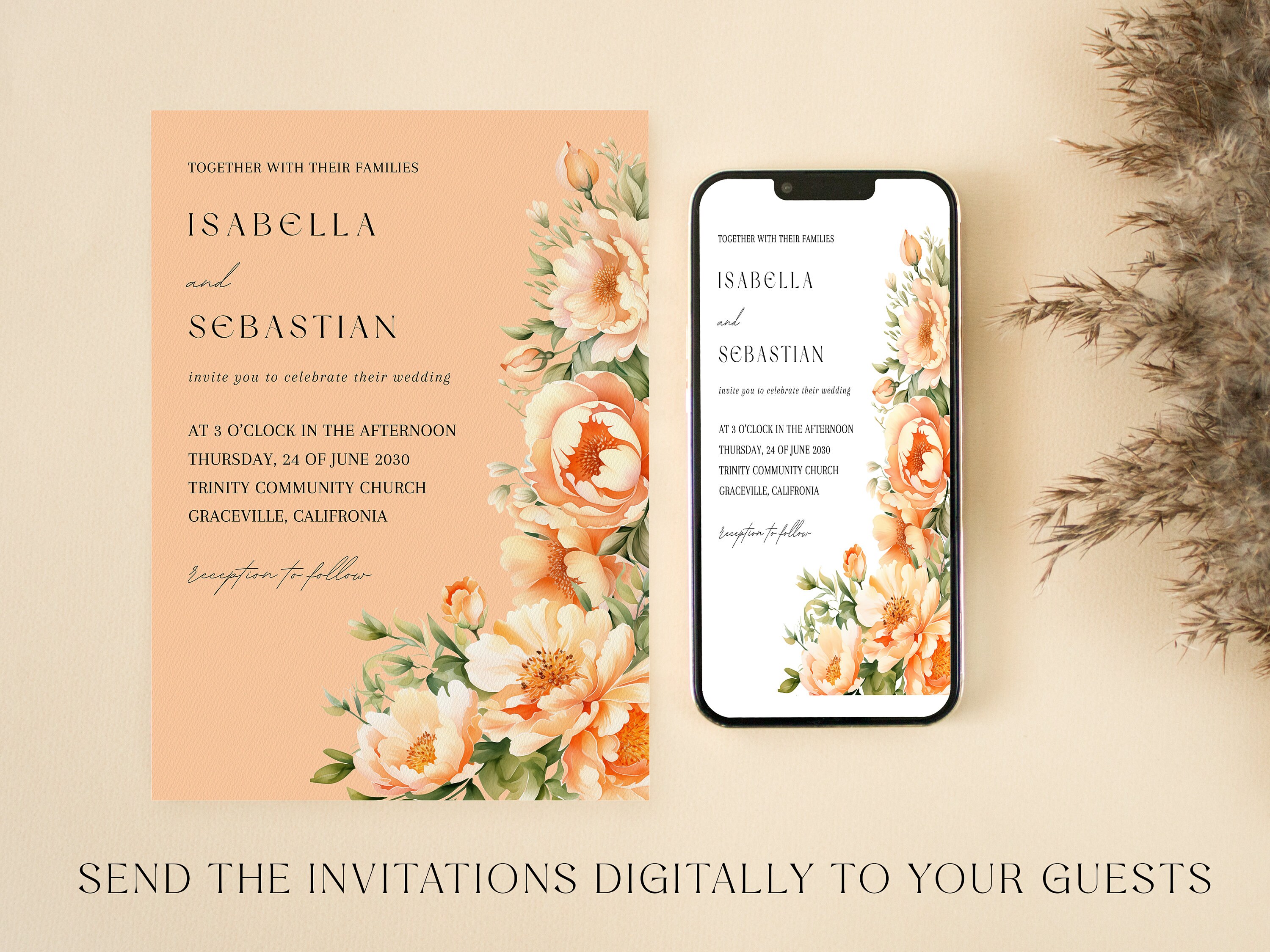 Peach Fuzz Floral Wedding Invitation Template, Digital Wedding