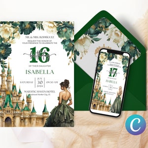 Invitation thème conte de fées magique, modèle anniversaire château de princesse diadème fille vert émeraude inviter élégant fantaisiste enchanteur imprimable