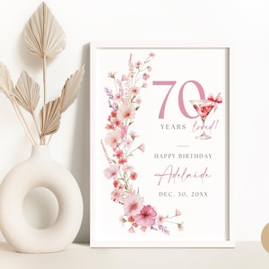 Letrero de bienvenida para cumpleaños de 70 años en color rosa suave para niñas, letrero floral para fiesta de 70 años, descarga digital, plantilla editable BP0078