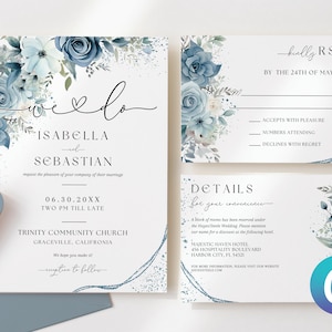 Invitation de mariage bleu poussiéreux, modèle floral de pivoines bleu poudre, canva simple et minimaliste élégante, suite d’invitation à l’aquarelle romantique moderne