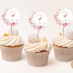Decorazione per cupcake rosa tenue per il 30° compleanno per ragazze, etichetta floreale per buffet per 30 anni, download digitale, modello Canva modificabile per dispositivi mobili BP0074