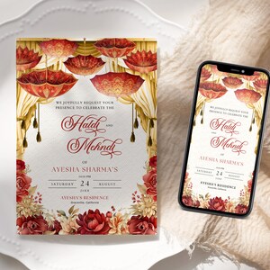 K&ouml;nnte beinhalten: Eine rote und goldene Hochzeitseinladung mit floralen Akzenten und dem Text "Haldi and Mehndi of Ayesha Sharma's Saturday, 24 August 6:00 PM Ayesha's Residence, Grovecille, California"
