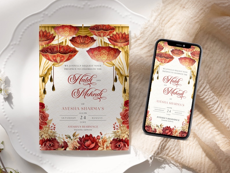 K&ouml;nnte beinhalten: Eine rote und goldene Hochzeitseinladung mit floralen Akzenten und dem Text "Haldi and Mehndi of Ayesha Sharma's Saturday, 24 August 6:00 PM Ayesha's Residence, Grovecille, California"