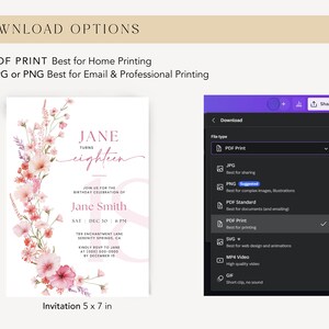 May include: A printable invitation for an 18th birthday party. The invitation features a watercolor floral design in shades of pink and purple. The text on the invitation reads "Jane turns eighteen" and includes the date, time, and location of the party. The invitation is 5 inches by 7 inches.