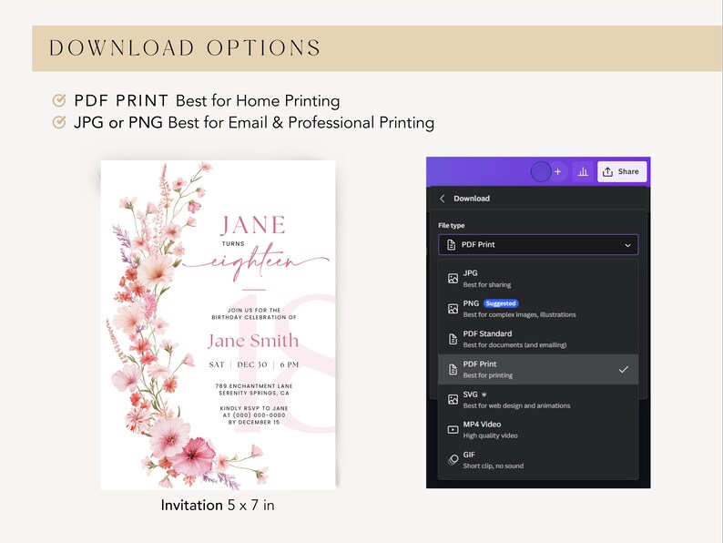 May include: A printable invitation for an 18th birthday party. The invitation features a watercolor floral design in shades of pink and purple. The text on the invitation reads "Jane turns eighteen" and includes the date, time, and location of the party. The invitation is 5 inches by 7 inches.