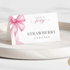 Etichetta alimentare per ragazze con fiocco rosa per il 40° compleanno, tema fiocco crocchette, biglietto buffet per 40 anni, download digitale, modello Canva modificabile BP0087