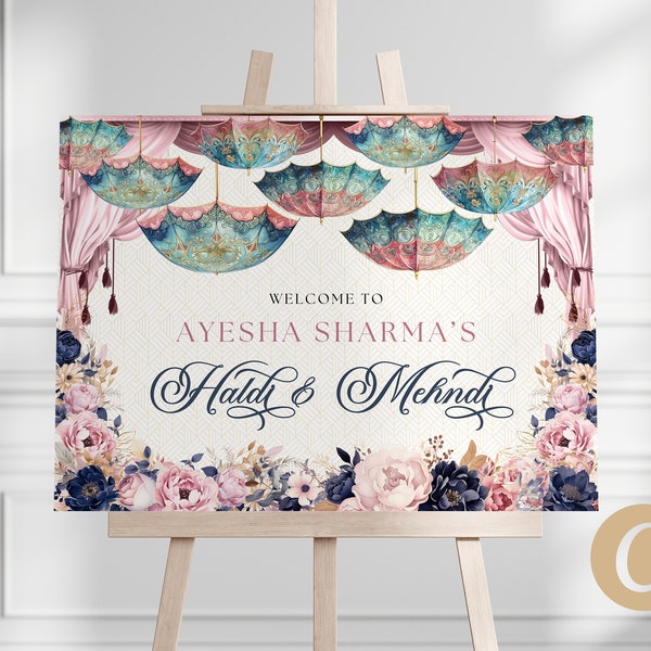 Mehndi Willkommensschild Blau Rosa Blumen bearbeitbare Canva Vorlage für indische Hochzeit, Haldi Poster, Regenschirm Mehndi Dekor und Haldi Dekor IP0009