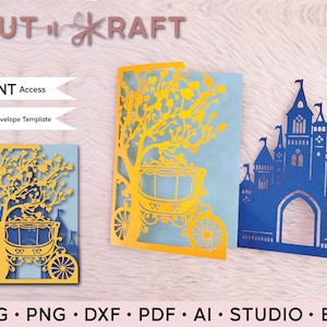 Fairy Tale Castle Carriage Princess Laser Cut Invitation Template Magic Wizard for Wedding Quinceanera Birthday Sweet 16 Svg Cameo Cricut
