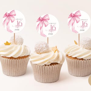 Noeud rose Sweet 16 Cupcake Topper Girls, Croquette Bow thème 16e anniversaire Food Topper numérique, modèle de toile modifiable Mobile BP0083