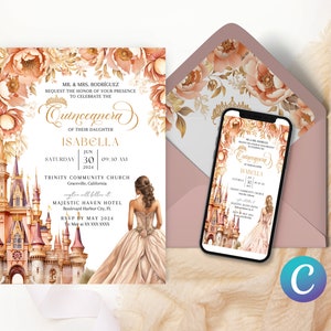 Märchenschloss Prinzessin Quinceanera Einladung Rose Gold Template für Quinceanera, Quitte Einladung Digital, invitaciones de quinceanera