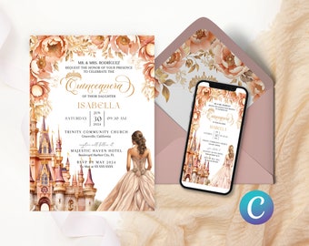 Märchenschloss Prinzessin Quinceanera Einladung Rose Gold Template für Quinceanera, Quitte Einladung Digital, invitaciones de quinceanera