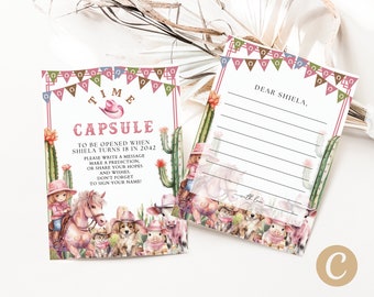 May include: A pink and brown time capsule card with a western theme. The card features a picture of a girl riding a horse and other animals. The text on the card reads "Time Capsule" and "To be opened when Shiela turns 18 in 2042".