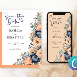 Pfirsich Fuzz & Marineblau Hochzeit Save the Date Vorlage, Digitale Hochzeitseinladung Canva Vorlage, Save the Date Karten, Einladungsset