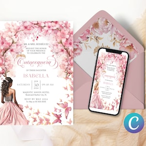 Modello di invito per la festa di Quinceanera con fiori di ciliegio MODIFICABILE con design di principessa farfalla rosa, sfondo floreale, mela cotogna rosa Canva Digital