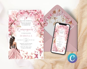 EDITABLE Cherry Blossom Quinceanera Invitation Template with Pink Butterfly Princess Design, Floral Background, Pink Quince Canva Digital