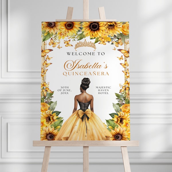 Sunflower Yellow Floral Butterfly Princess Coquette Quinceanera Welcome Sign Canva Template, Sunflower Mustard Quince Welcome Banner QB0025