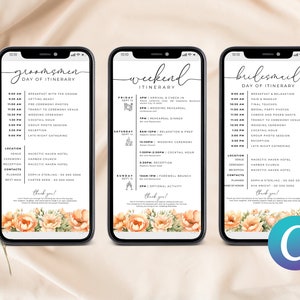 May include: Three phone screen mockups with a wedding weekend itinerary for groomsmen, bridesmaids, and the wedding weekend. The itinerary includes times and locations for events such as the ceremony, reception, and rehearsal dinner. The mockups feature a floral design with peach and white flowers.