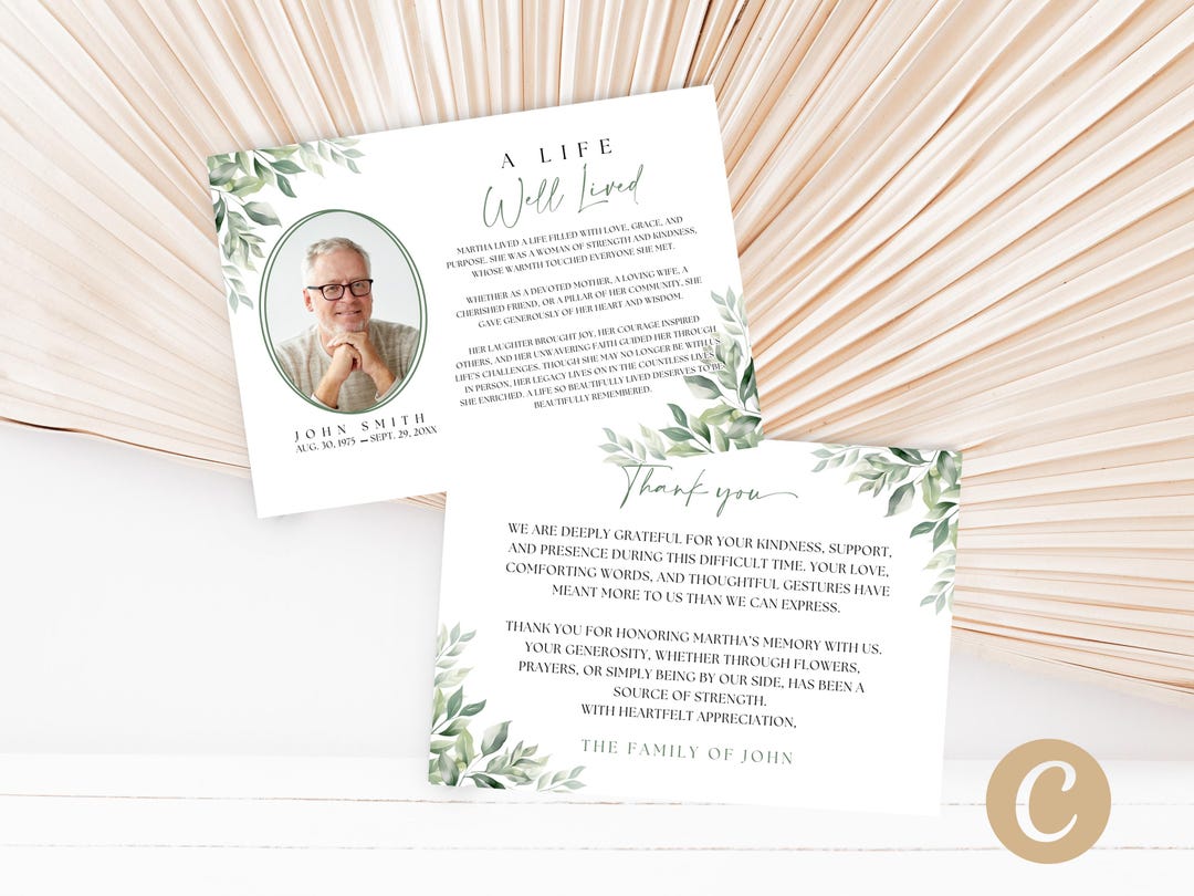 Editable Green Greenery Funeral Thank You Card With Picture Canva ...