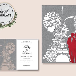 Gay Wedding with Eiffel Tower Invitation Suite Template  for Same sex marriage, Same Sex Wedding, Gay Bachelor Party Svg, Silhouette, Cricut